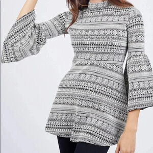 Octavia Boho Mock Neck Patterned Long Tunic Blouse Flare Sleeve Medium